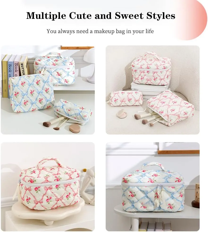 3Pcs Quilted Cotton Makeup Bag,Coquette Quilted Toiletry Bag for Women and Girls, Coquette Pouch, Cute Kawaii Travel Cosmetic Bags