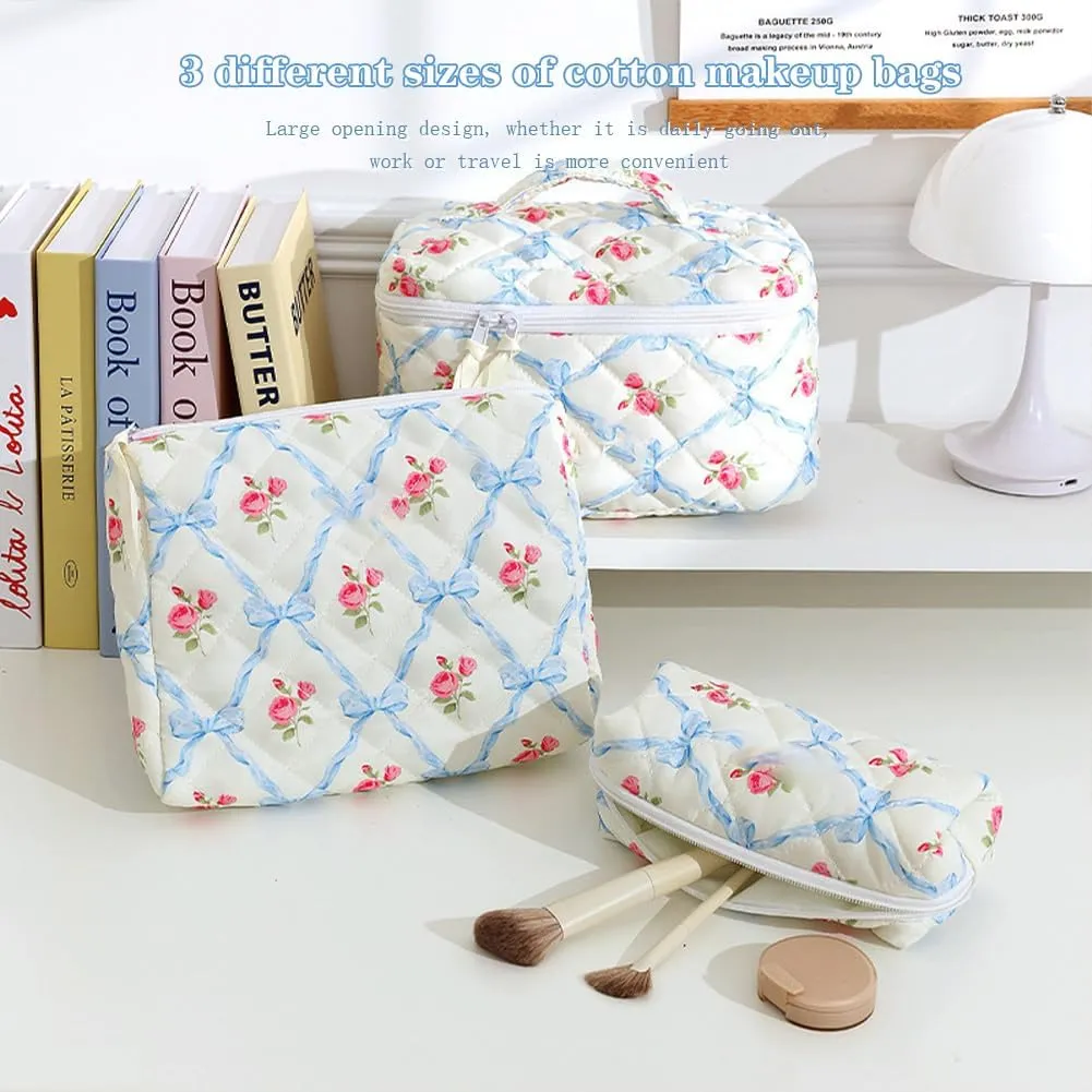 3Pcs Quilted Cotton Makeup Bag,Coquette Quilted Toiletry Bag for Women and Girls, Coquette Pouch, Cute Kawaii Travel Cosmetic Bags