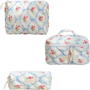 3Pcs Quilted Cotton Makeup Bag,Coquette Quilted Toiletry Bag for Women and Girls, Coquette Pouch, Cute Kawaii Travel Cosmetic Bags