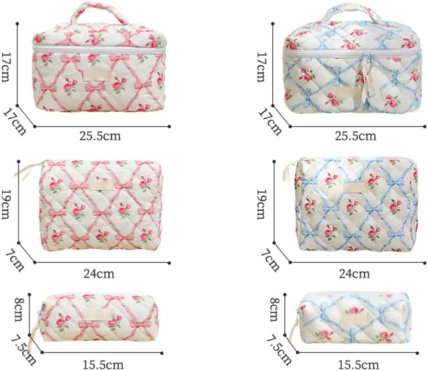 3Pcs Quilted Cotton Makeup Bag,Coquette Quilted Toiletry Bag for Women and Girls, Coquette Pouch, Cute Kawaii Travel Cosmetic Bags