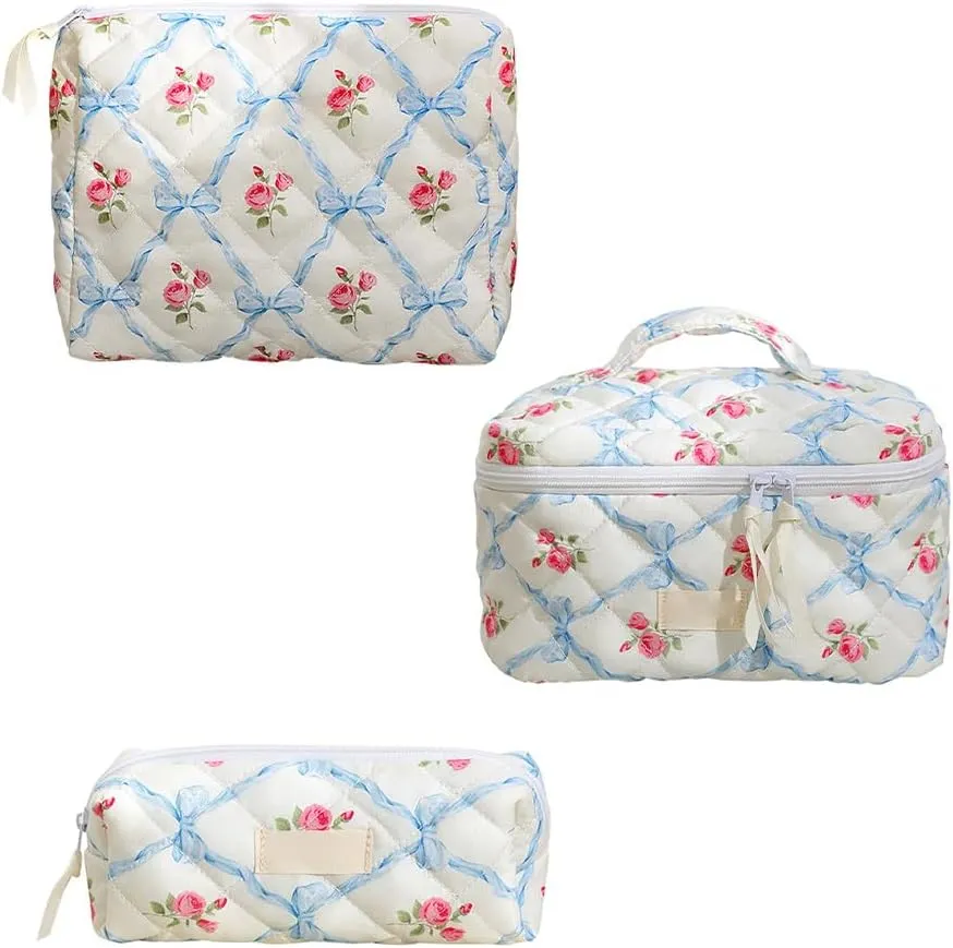 3Pcs Quilted Cotton Makeup Bag,Coquette Quilted Toiletry Bag for Women and Girls, Coquette Pouch, Cute Kawaii Travel Cosmetic Bags