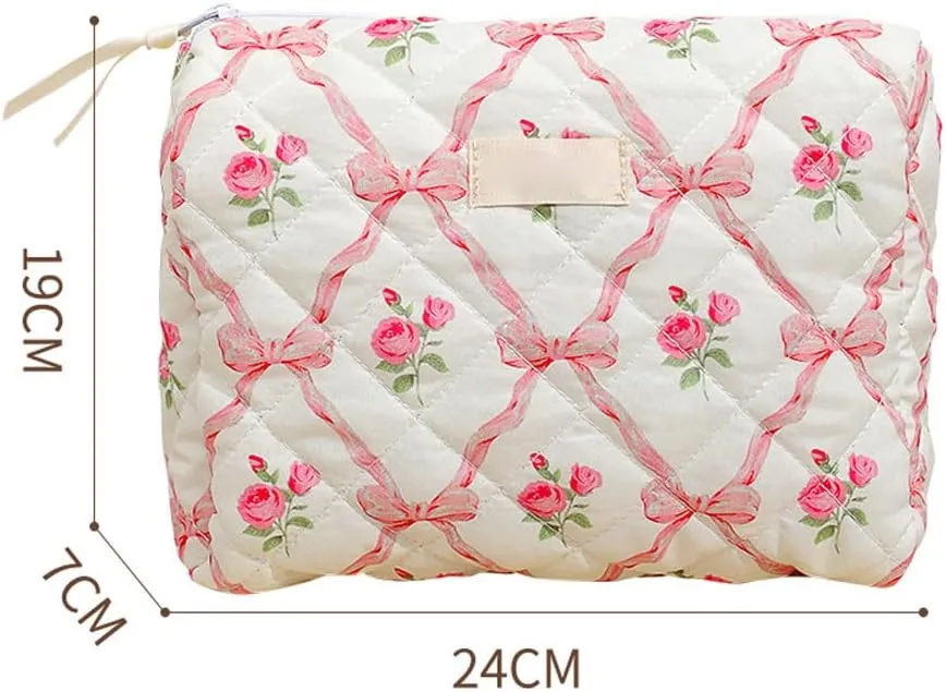 3pcs Quilted Makeup Bag, Coquette Cosmetics Large Capacity Pouch Travel Cosmetic Bag Set Printed Makeup Pouch Large Capacity Portable Toiletry Bag Organizer for Women Girls