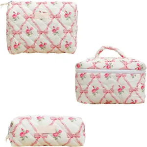3pcs Quilted Makeup Bag, Coquette Cosmetics Large Capacity Pouch Travel Cosmetic Bag Set Printed Makeup Pouch Large Capacity Portable Toiletry Bag Organizer for Women Girls
