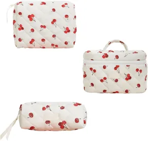 3pcs Quilted Makeup Bag, Coquette Cosmetics Large Capacity Pouch Travel Cosmetic Bag Set Printed Makeup Pouch Large Capacity Portable Toiletry Bag Organizer for Women Girls