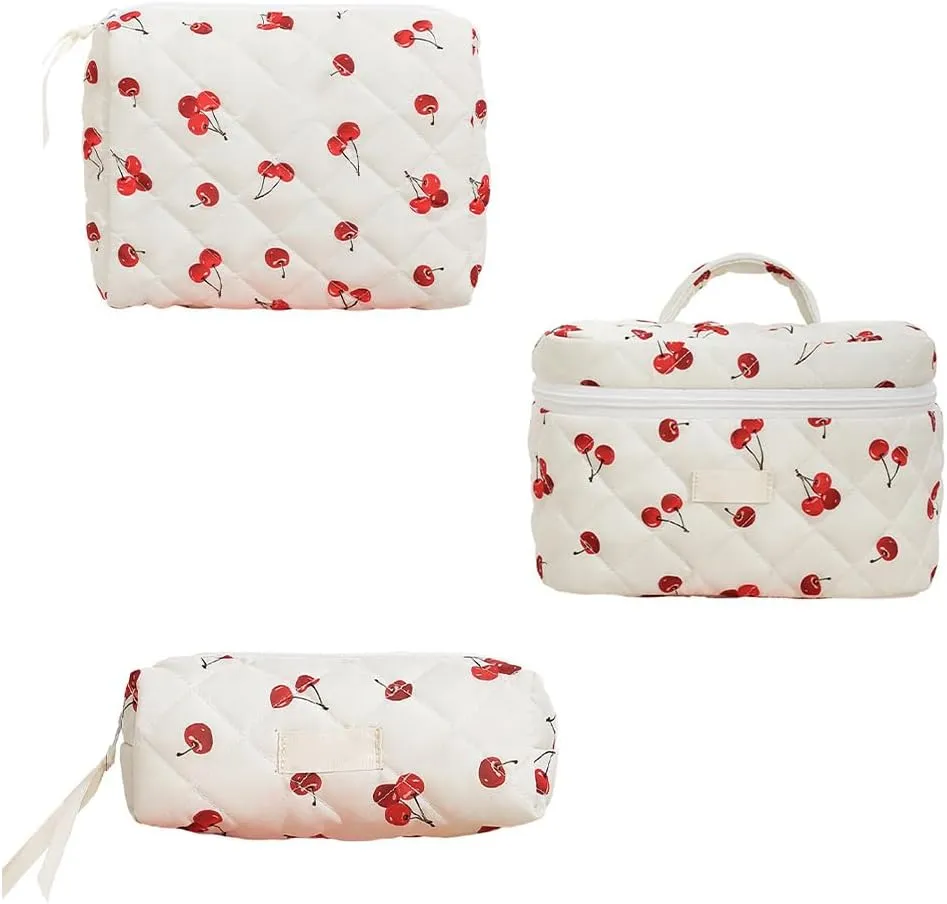 3pcs Quilted Makeup Bag, Coquette Cosmetics Large Capacity Pouch Travel Cosmetic Bag Set Printed Makeup Pouch Large Capacity Portable Toiletry Bag Organizer for Women Girls