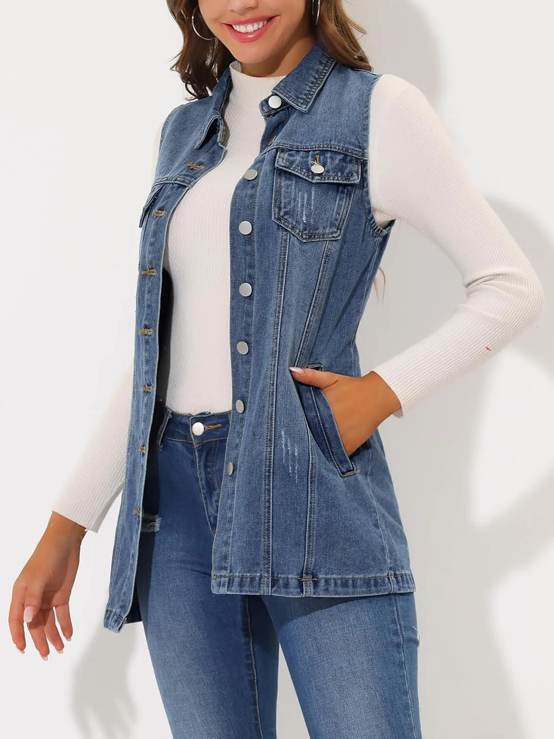 Allegra K Women's Denim Vest Sleeveless Button Down Waistcoat Casual Long Jean Vests