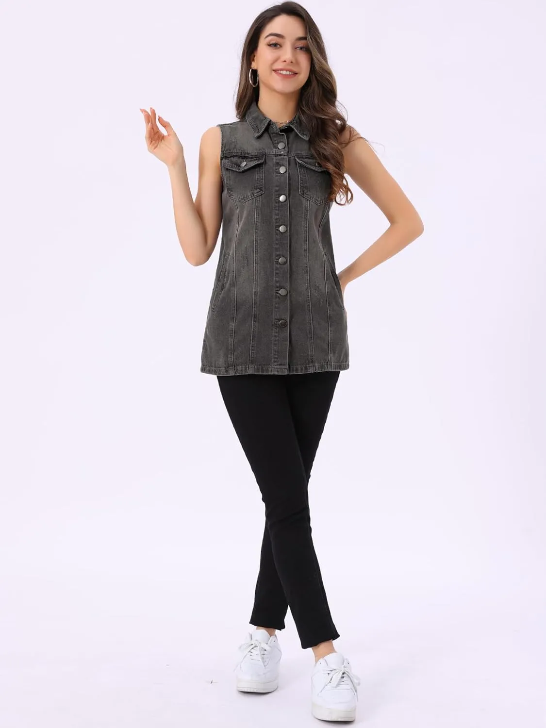 Allegra K Women's Denim Vest Sleeveless Button Down Waistcoat Casual Long Jean Vests