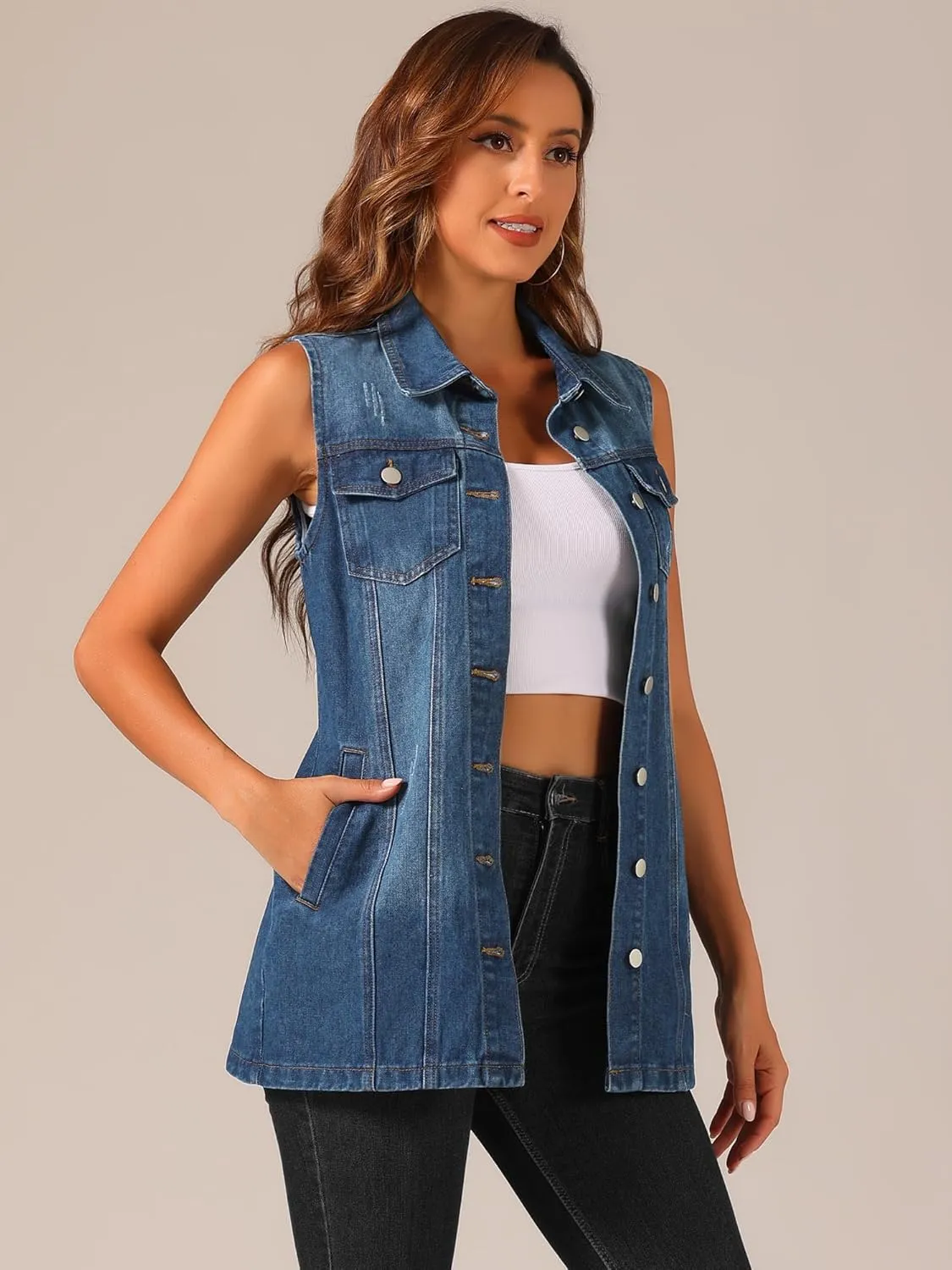 Allegra K Women's Denim Vest Sleeveless Button Down Waistcoat Casual Long Jean Vests