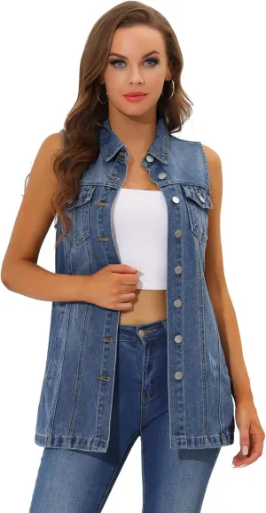 Allegra K Women's Denim Vest Sleeveless Button Down Waistcoat Casual Long Jean Vests