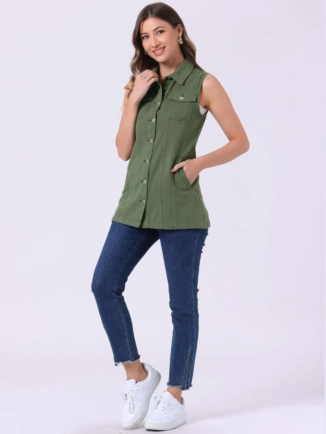 Allegra K Women's Denim Vest Sleeveless Button Down Waistcoat Casual Long Jean Vests