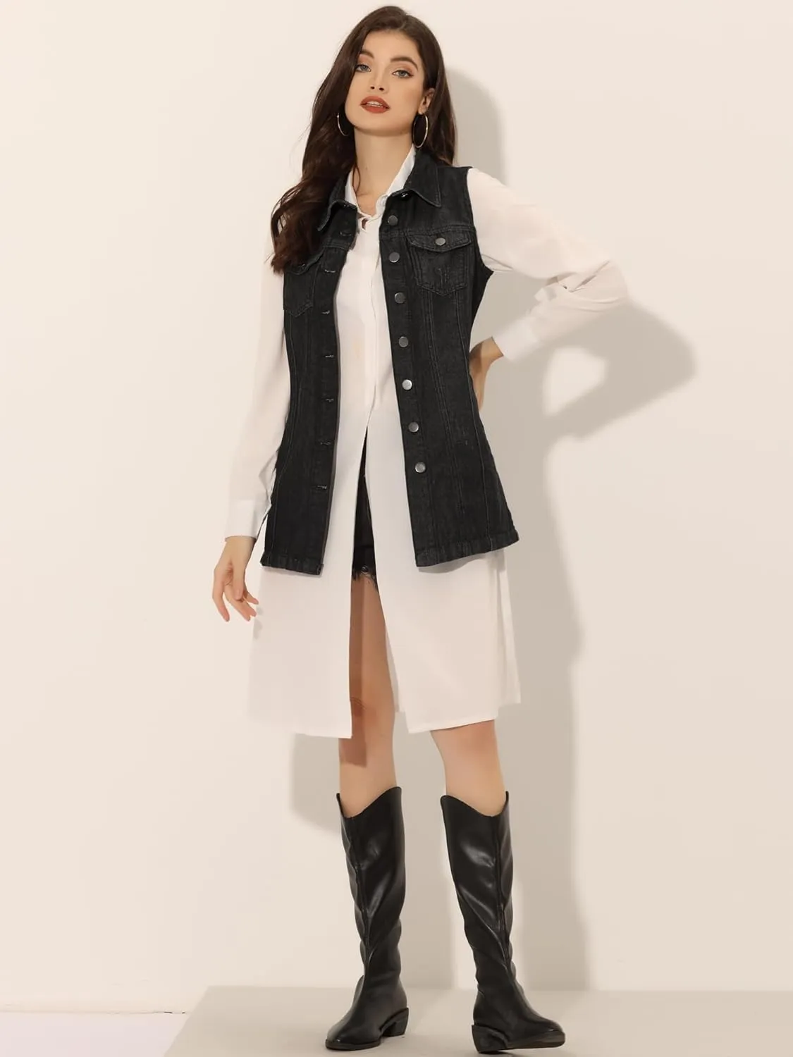 Allegra K Women's Denim Vest Sleeveless Button Down Waistcoat Casual Long Jean Vests