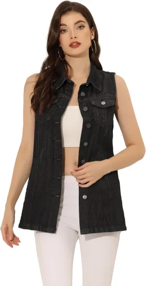 Allegra K Women's Denim Vest Sleeveless Button Down Waistcoat Casual Long Jean Vests