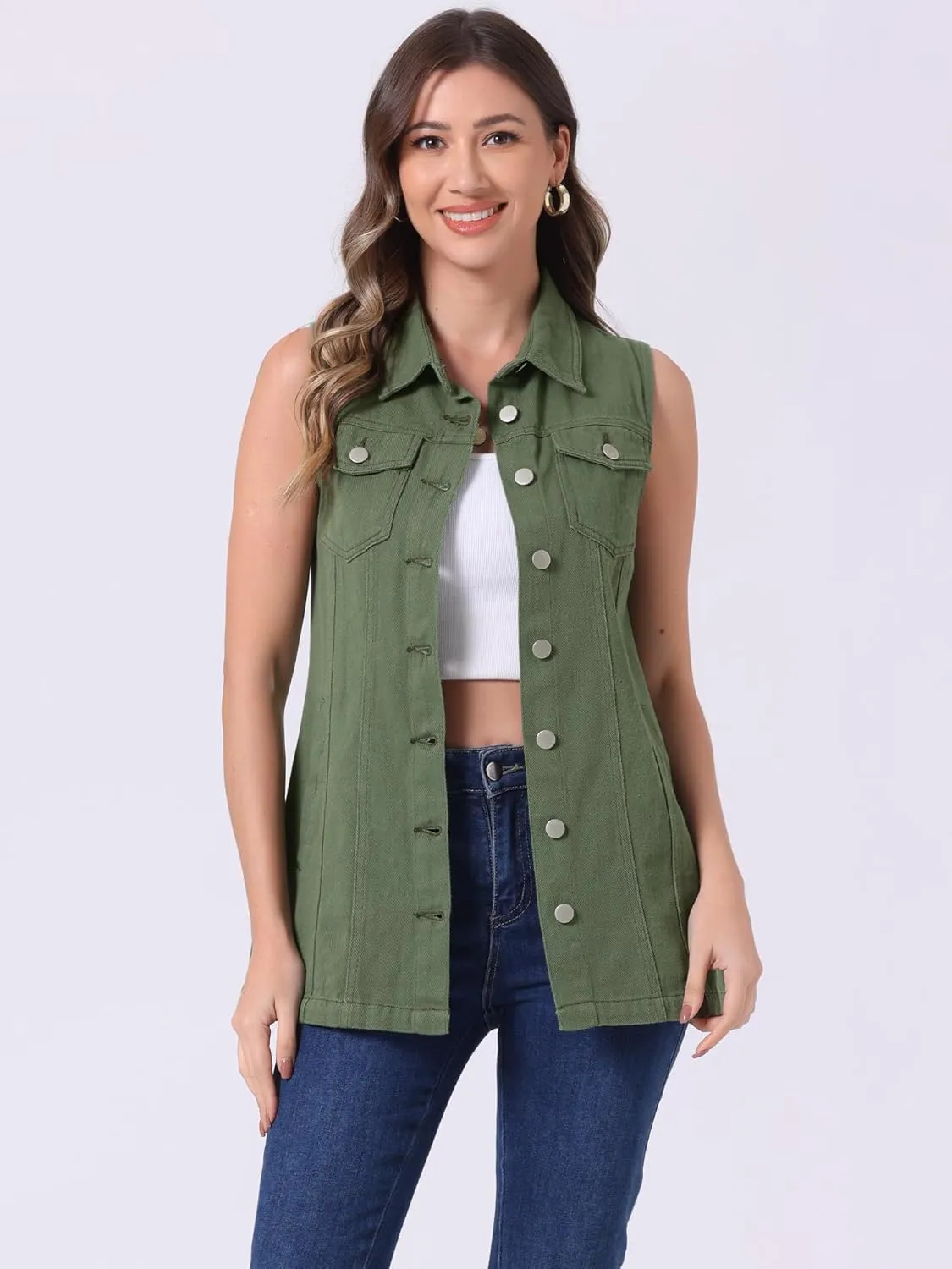 Allegra K Women's Denim Vest Sleeveless Button Down Waistcoat Casual Long Jean Vests