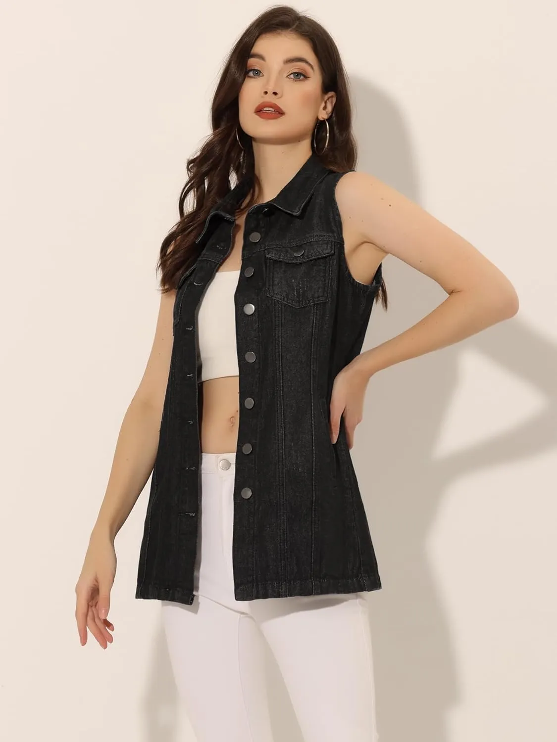 Allegra K Women's Denim Vest Sleeveless Button Down Waistcoat Casual Long Jean Vests
