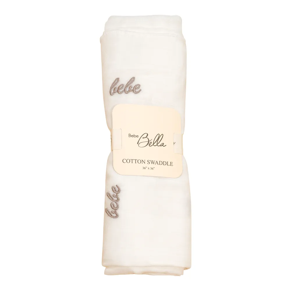 Baby Muslin Swaddle | Bebe Embroidery | Beige | Bebe Bella