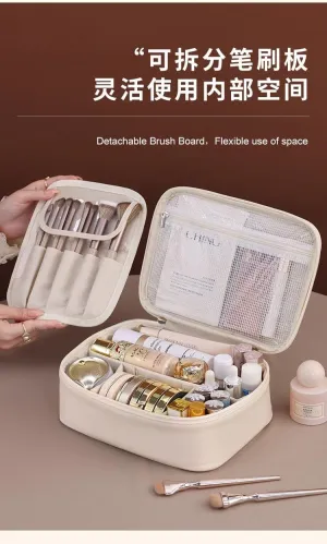 Beauty Preservation Travel Makeup Bag, Detachable Brush Holder, PVC Material, 9.4 x 17.5 x 3.5 inches, Cream White