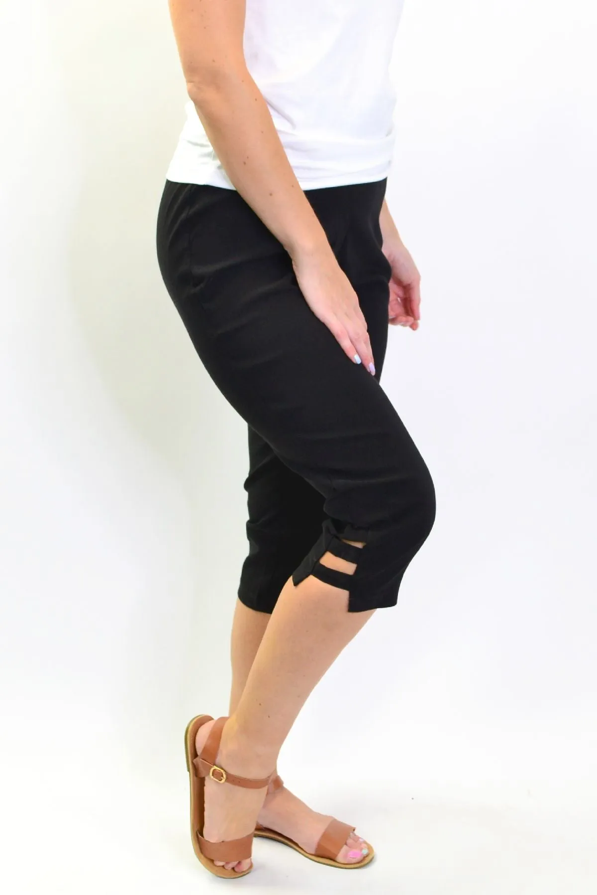 Black 3/4 Cut Out Pull on Pants