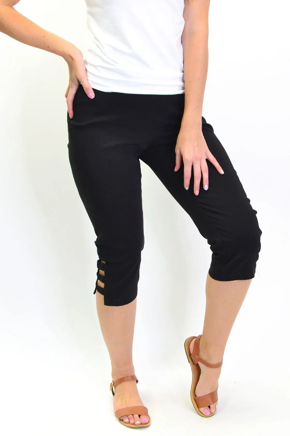 Black 3/4 Cut Out Pull on Pants