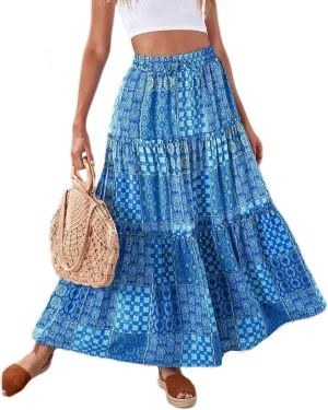 Boho Maxi Skirt for Women Vintage Stretchy High Waist Long Floral Summer Beach Skirt Casual Pleated Print Skirt