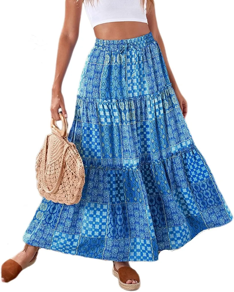 Boho Maxi Skirt for Women Vintage Stretchy High Waist Long Floral Summer Beach Skirt Casual Pleated Print Skirt