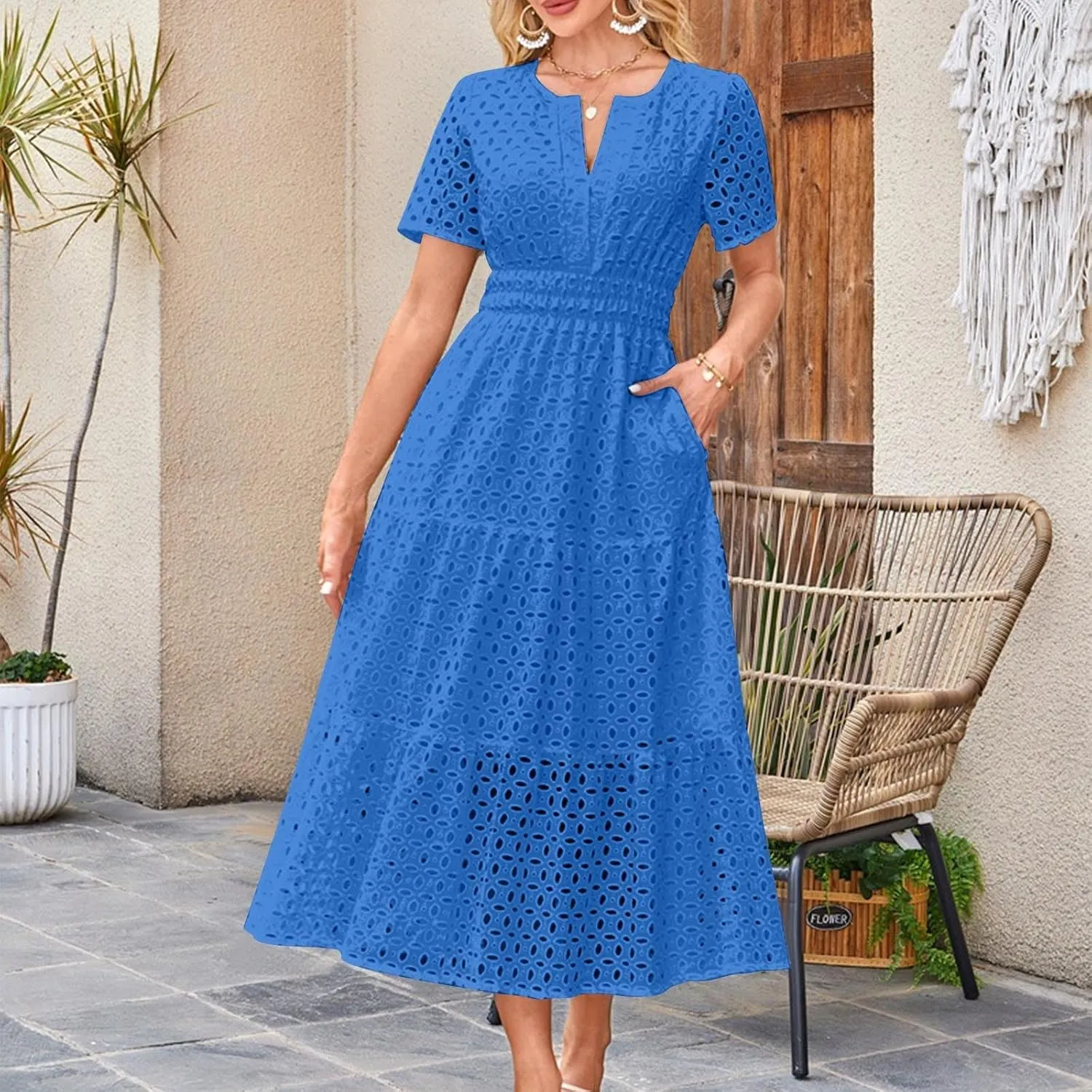 Borniu Womens 2025 Summer Maxi Dress Short Sleeve V Neck Hollow Out Eyelet A Line Long Flowy Swing Beach Vacation Dresses