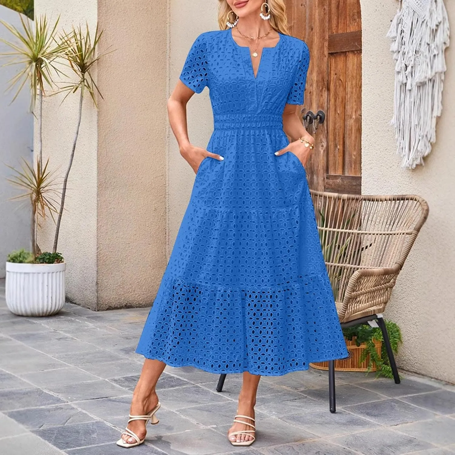 Borniu Womens 2025 Summer Maxi Dress Short Sleeve V Neck Hollow Out Eyelet A Line Long Flowy Swing Beach Vacation Dresses