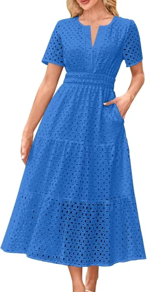 Borniu Womens 2025 Summer Maxi Dress Short Sleeve V Neck Hollow Out Eyelet A Line Long Flowy Swing Beach Vacation Dresses