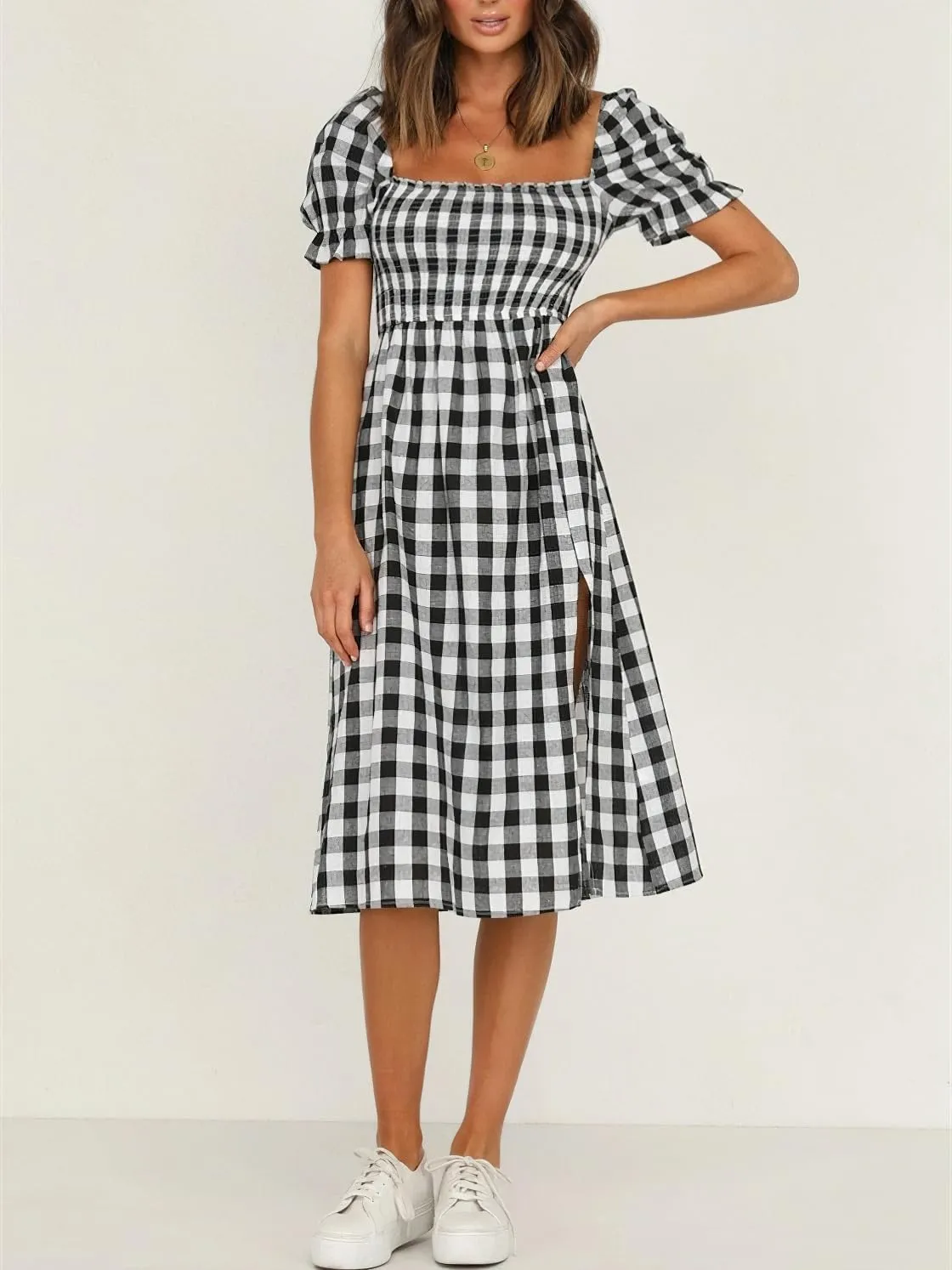 chouyatou Women's Summer Gingham Puff Sleeve Dress Plaid Smocked Backless Split Flowy Beach Midi Dress