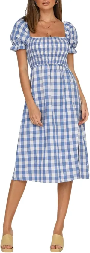 chouyatou Women's Summer Gingham Puff Sleeve Dress Plaid Smocked Backless Split Flowy Beach Midi Dress