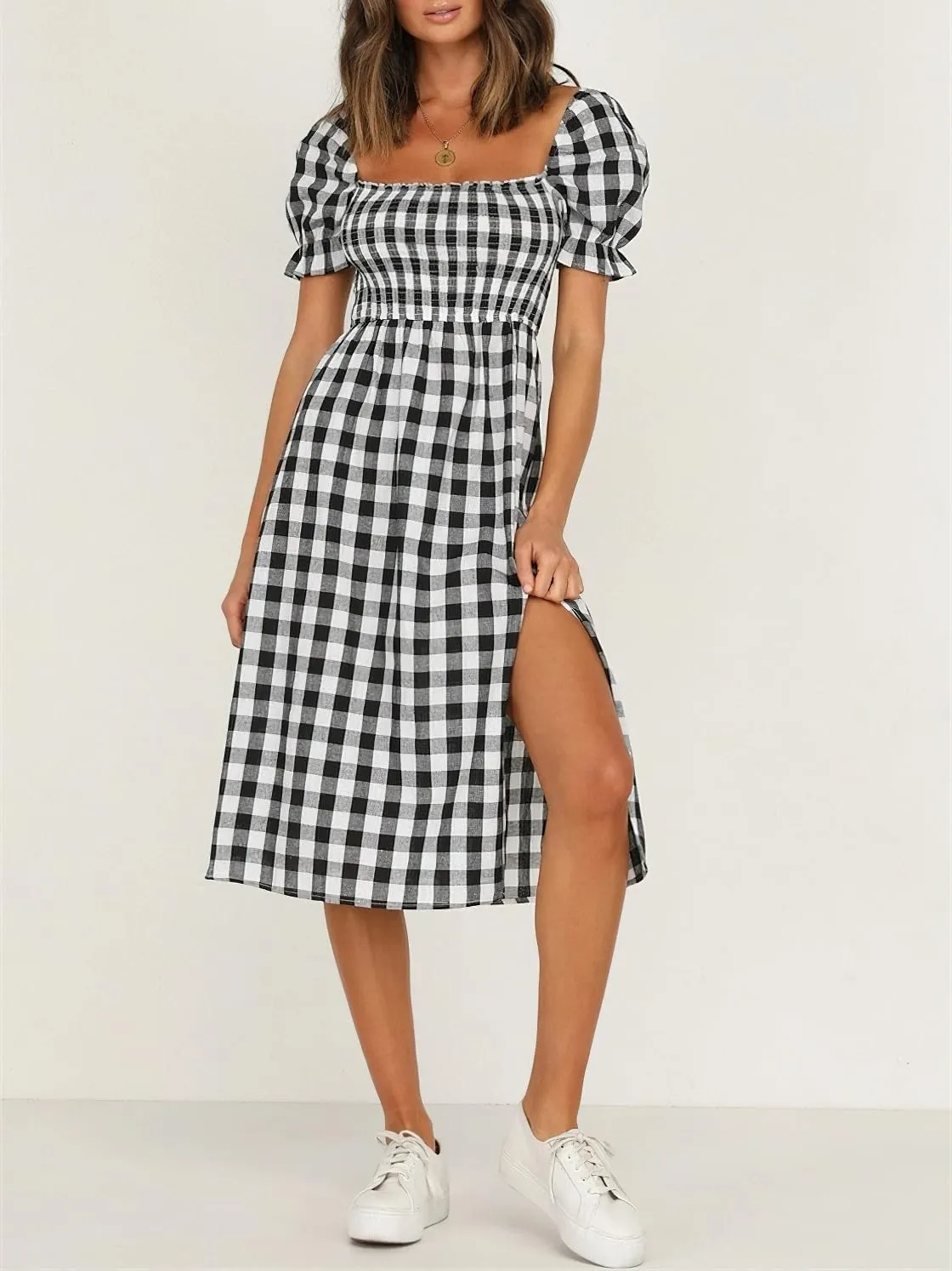 chouyatou Women's Summer Gingham Puff Sleeve Dress Plaid Smocked Backless Split Flowy Beach Midi Dress