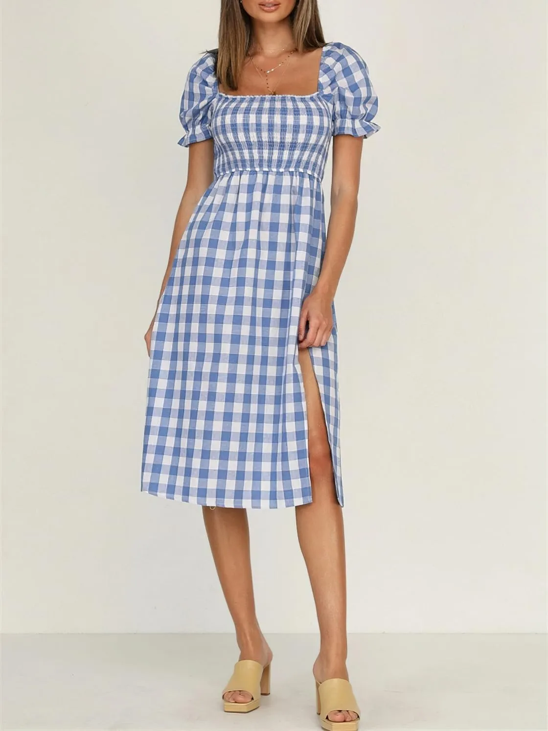 chouyatou Women's Summer Gingham Puff Sleeve Dress Plaid Smocked Backless Split Flowy Beach Midi Dress