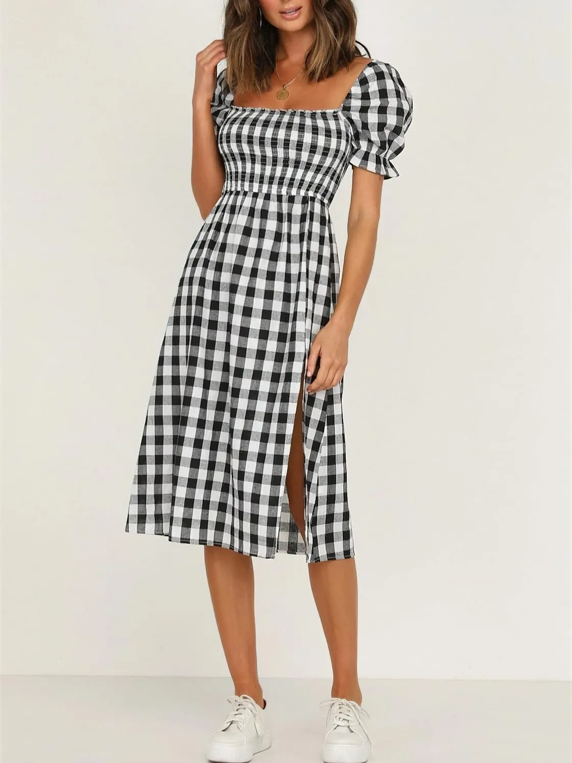 chouyatou Women's Summer Gingham Puff Sleeve Dress Plaid Smocked Backless Split Flowy Beach Midi Dress
