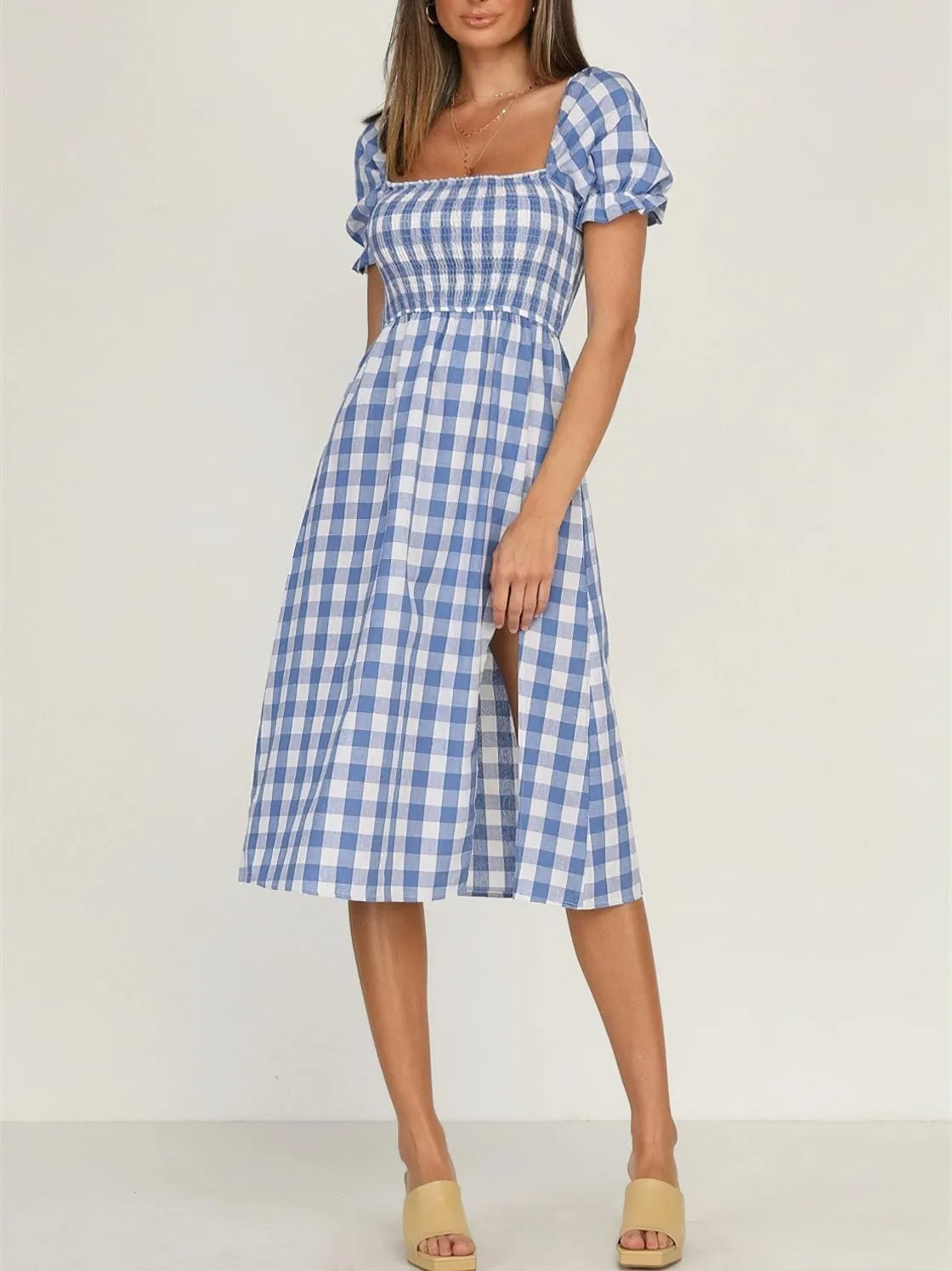 chouyatou Women's Summer Gingham Puff Sleeve Dress Plaid Smocked Backless Split Flowy Beach Midi Dress