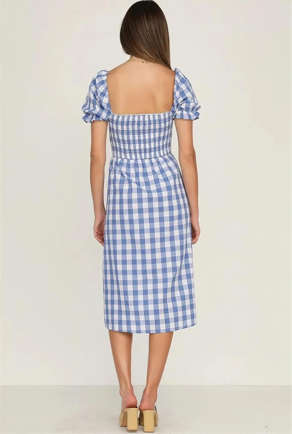 chouyatou Women's Summer Gingham Puff Sleeve Dress Plaid Smocked Backless Split Flowy Beach Midi Dress