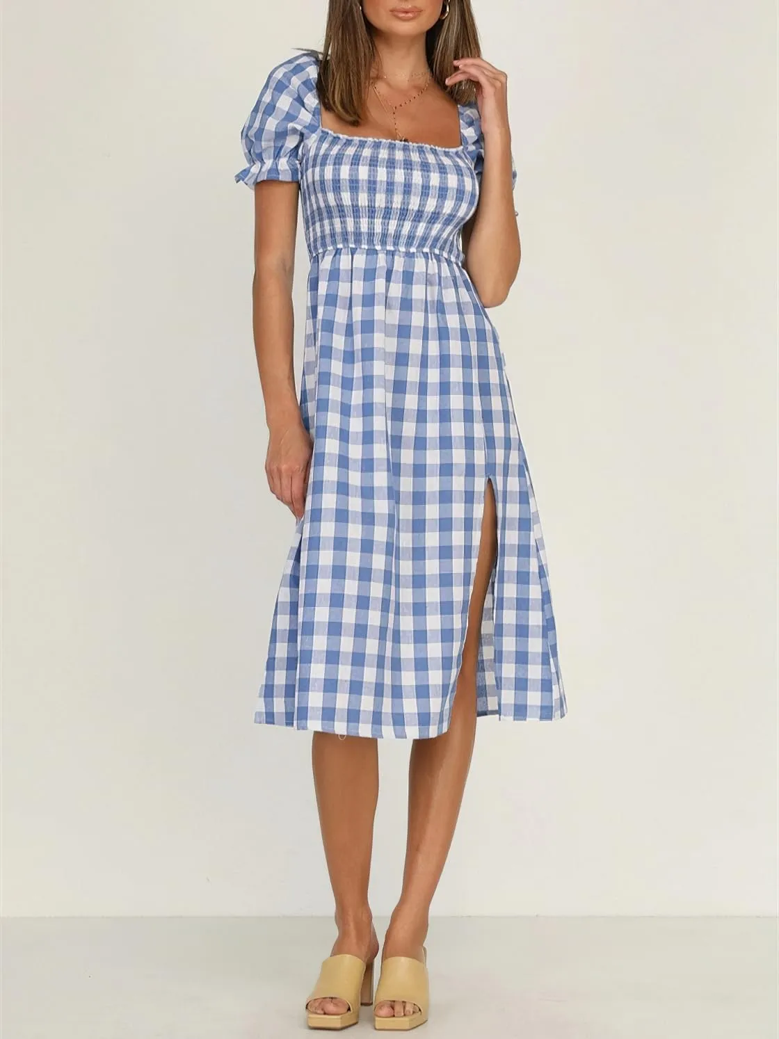 chouyatou Women's Summer Gingham Puff Sleeve Dress Plaid Smocked Backless Split Flowy Beach Midi Dress