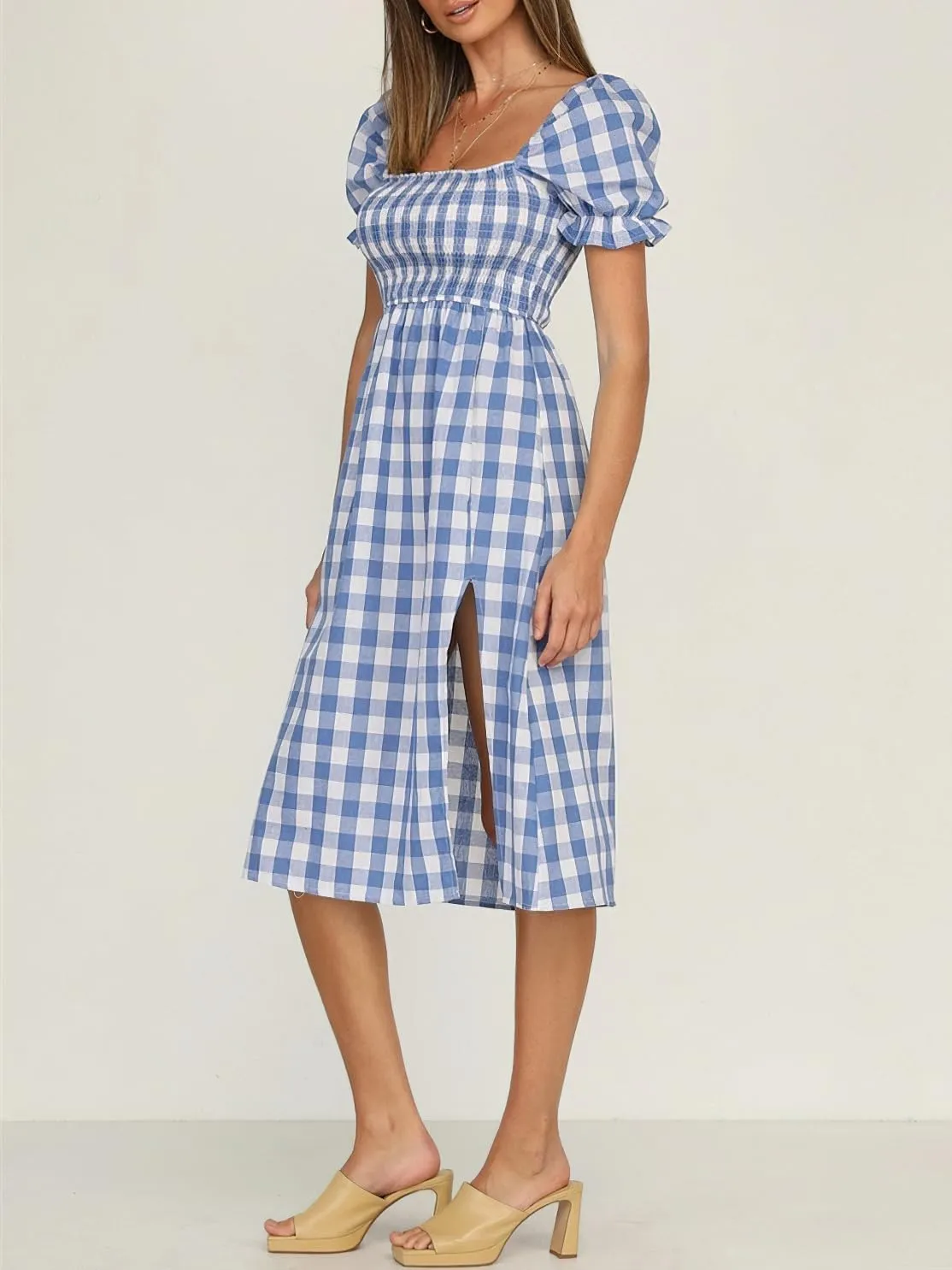 chouyatou Women's Summer Gingham Puff Sleeve Dress Plaid Smocked Backless Split Flowy Beach Midi Dress