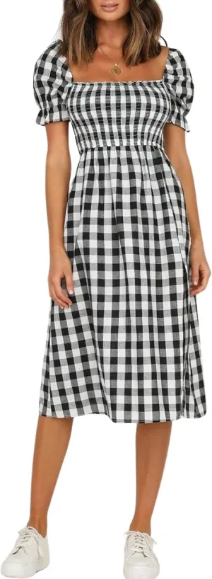 chouyatou Women's Summer Gingham Puff Sleeve Dress Plaid Smocked Backless Split Flowy Beach Midi Dress