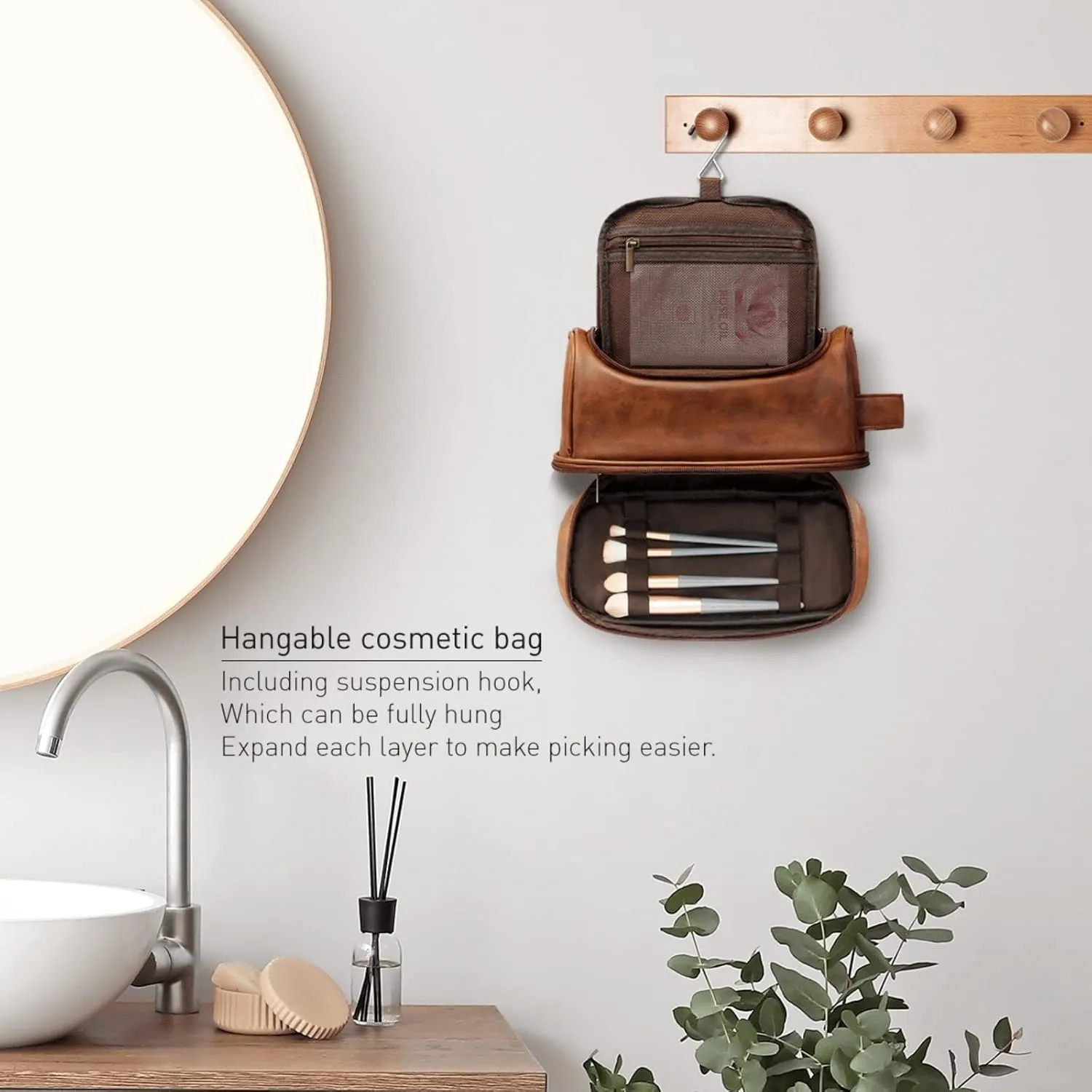Customized Toiletry Bag Hanging Travel Organizer, Personalized Large Capacity Bag with Name Text, Custom Waterproof Leather Bathroom Dopp Shaving Kit for Men Dad Fathers Day Gift