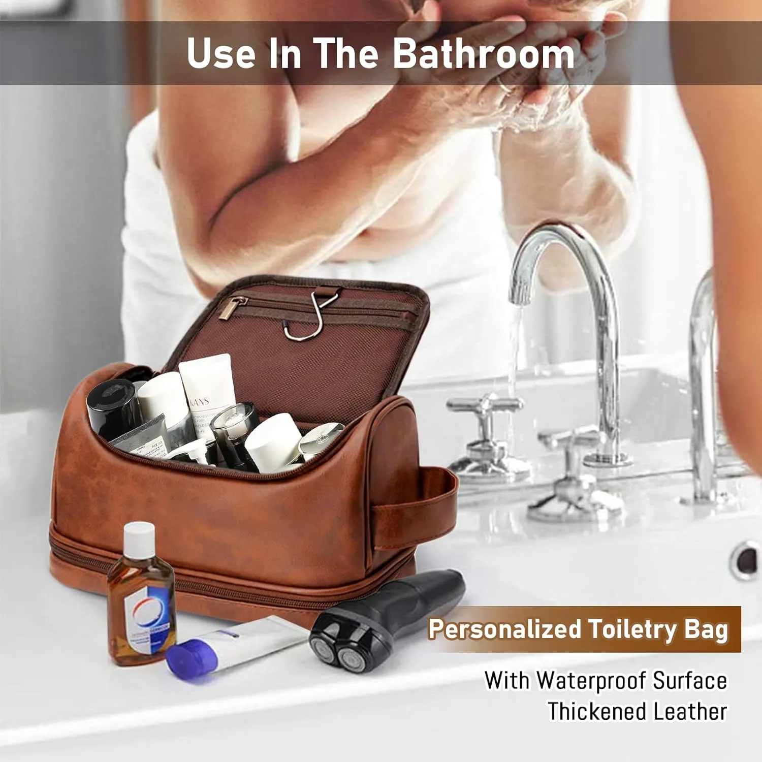 Customized Toiletry Bag Hanging Travel Organizer, Personalized Large Capacity Bag with Name Text, Custom Waterproof Leather Bathroom Dopp Shaving Kit for Men Dad Fathers Day Gift