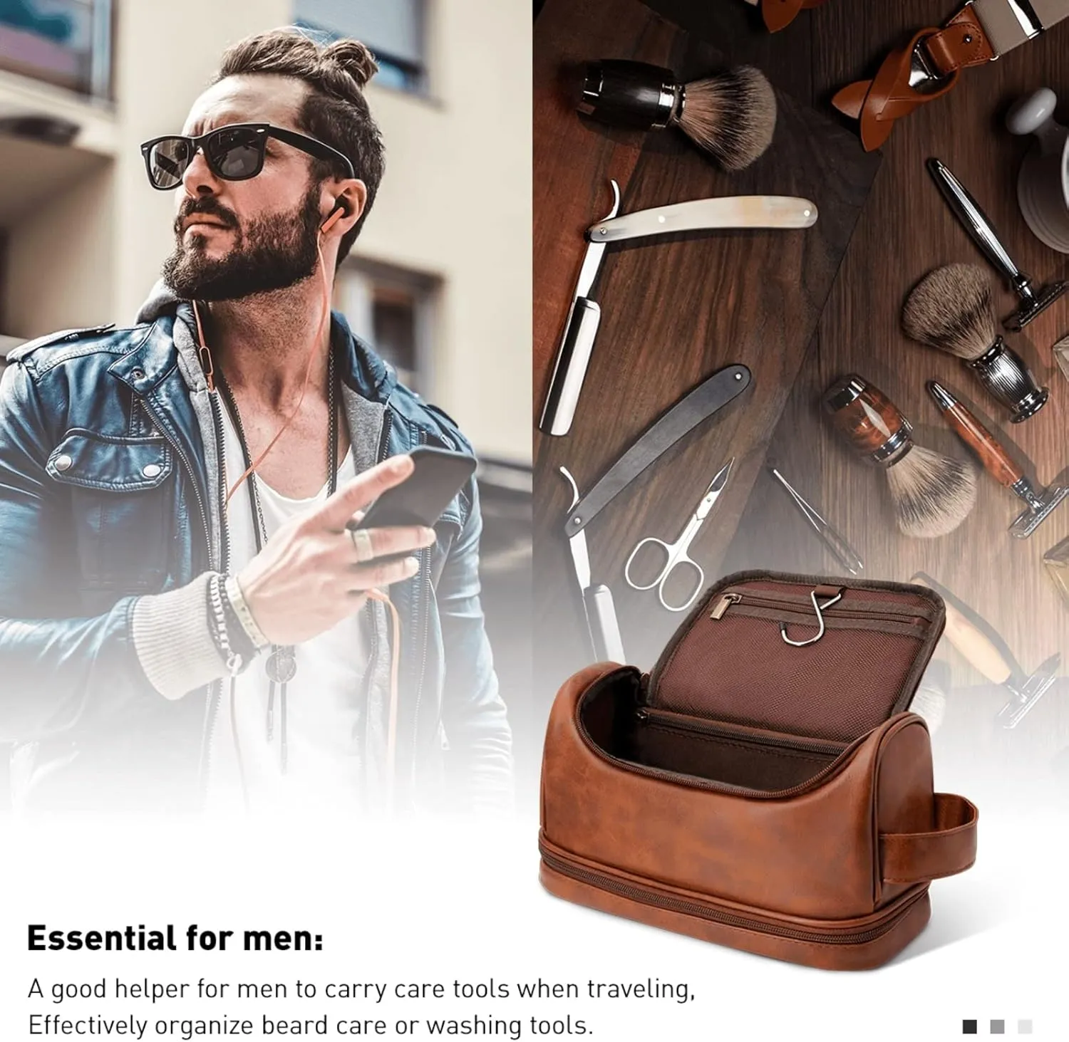 Customized Toiletry Bag Hanging Travel Organizer, Personalized Large Capacity Bag with Name Text, Custom Waterproof Leather Bathroom Dopp Shaving Kit for Men Dad Fathers Day Gift