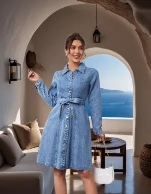 Denim Dress for Women Button Down Casual Long Sleeve A-Line Belted Midi Jean Dresses with Pockets