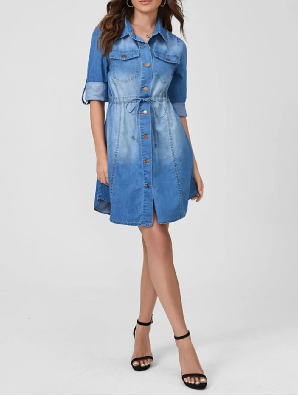 Denim Dress for Women Button Down Casual Long Sleeve A-Line Belted Midi Jean Dresses with Pockets