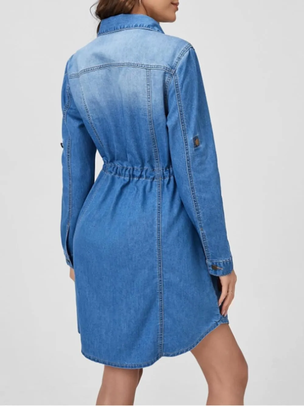 Denim Dress for Women Button Down Casual Long Sleeve A-Line Belted Midi Jean Dresses with Pockets