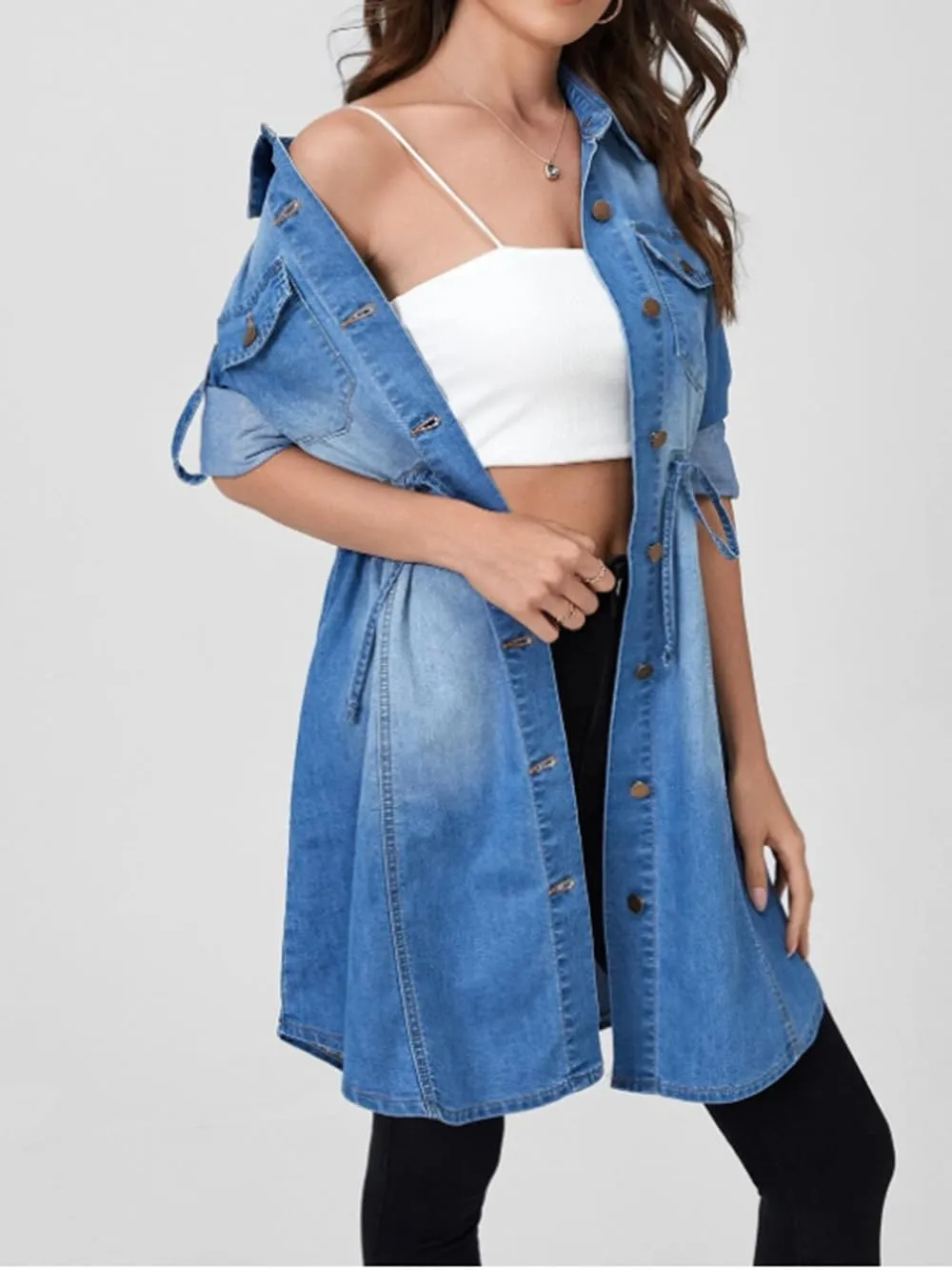 Denim Dress for Women Button Down Casual Long Sleeve A-Line Belted Midi Jean Dresses with Pockets