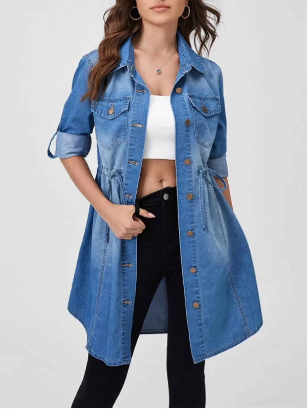 Denim Dress for Women Button Down Casual Long Sleeve A-Line Belted Midi Jean Dresses with Pockets