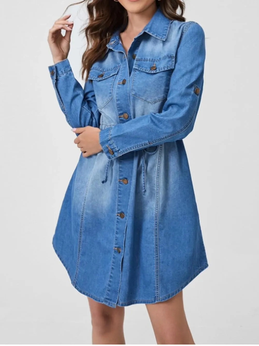 Denim Dress for Women Button Down Casual Long Sleeve A-Line Belted Midi Jean Dresses with Pockets