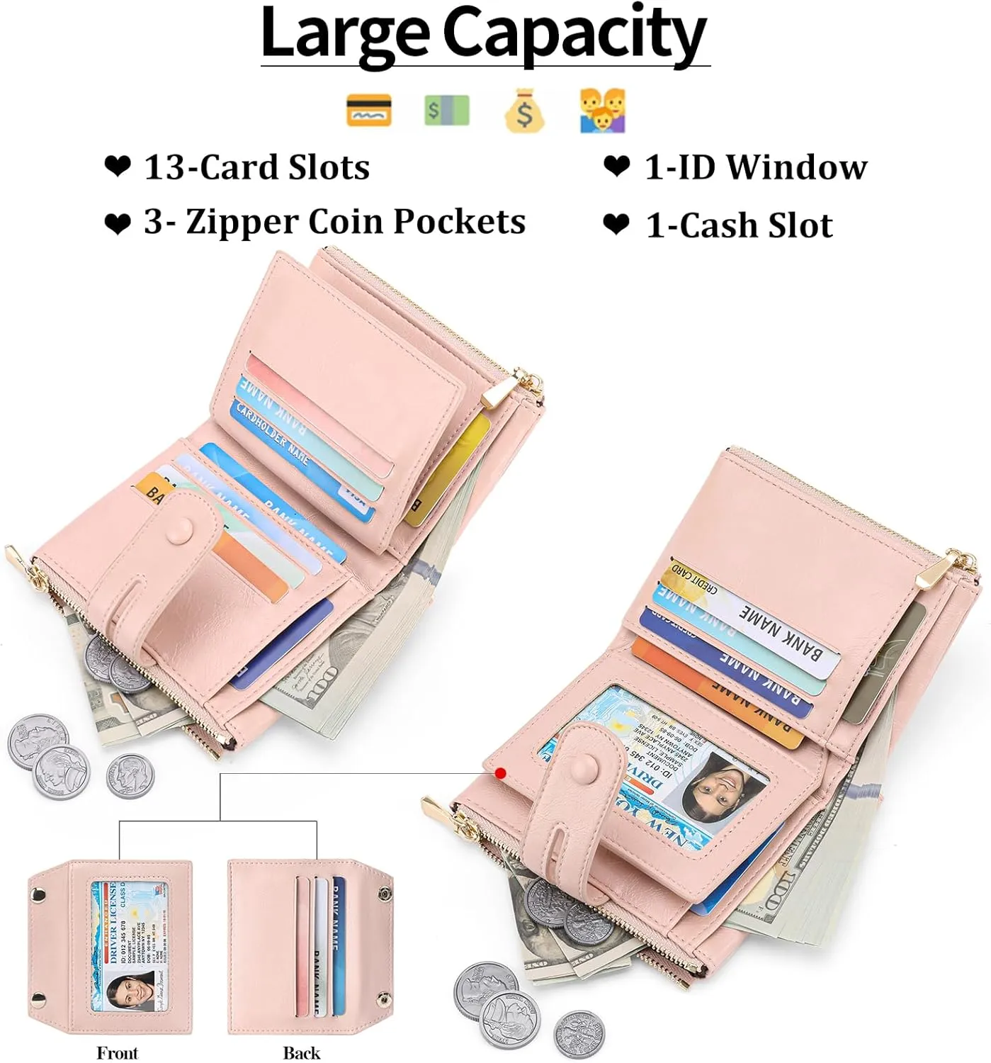 GAEKEAO Small Wallets for Women Leather RFID Blocking Bifold Double Zipper Coin Pocket Purse with Anti-Theft Chain