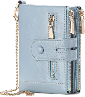 GAEKEAO Small Wallets for Women Leather RFID Blocking Bifold Double Zipper Coin Pocket Purse with Anti-Theft Chain
