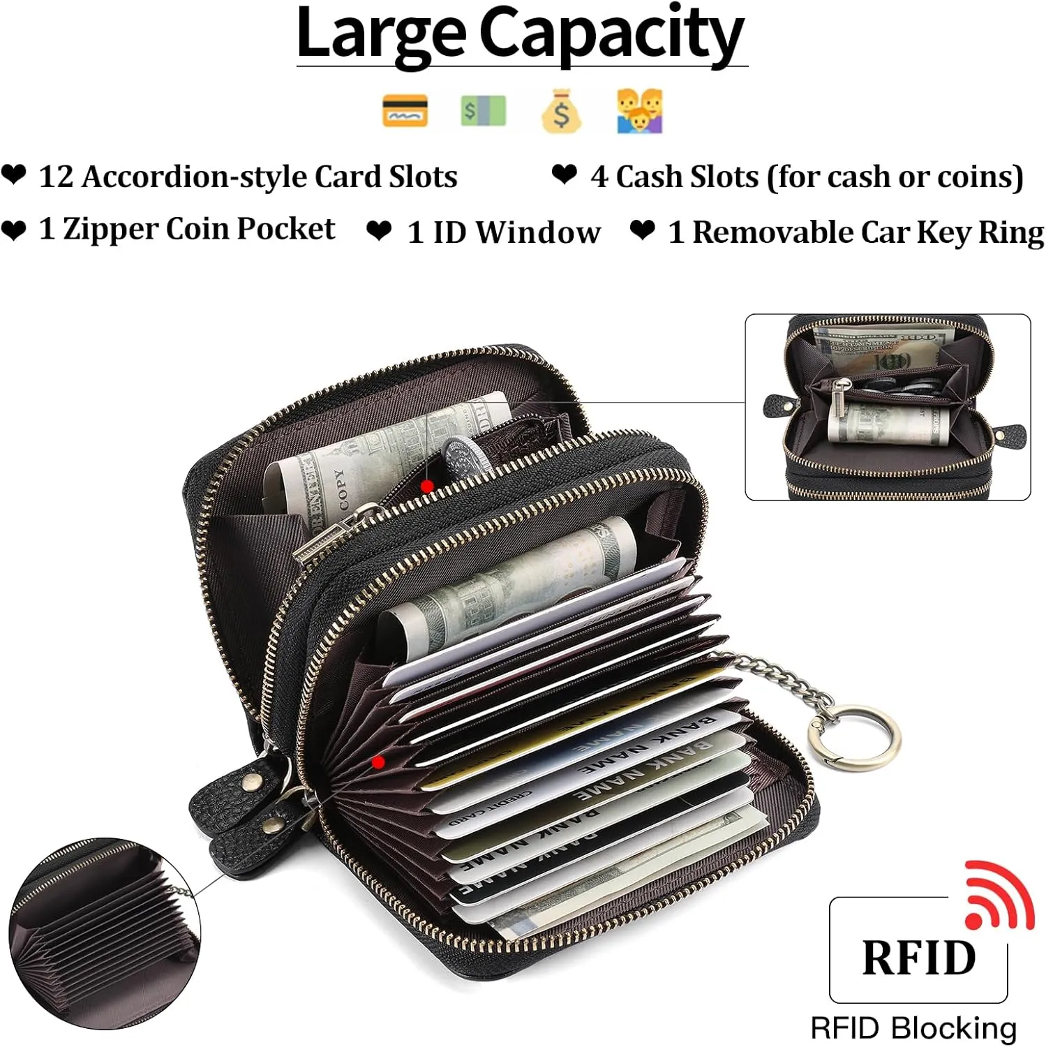 GOIACII Credit Card Holder Wallet for Women RFID Blocking Small Genuine Leather Card Case Wallet with Keychain
