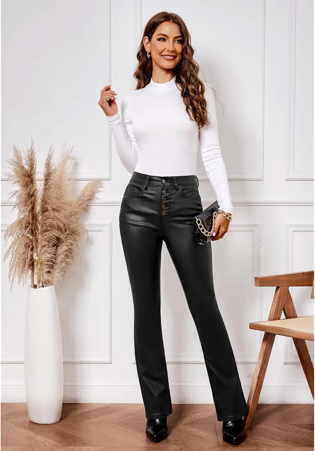 GRAPENT Flare Pants for Women High Wasited Stretchy Faux Leather Look Button Fly Jeans Trendy Bell Bottom Trousers